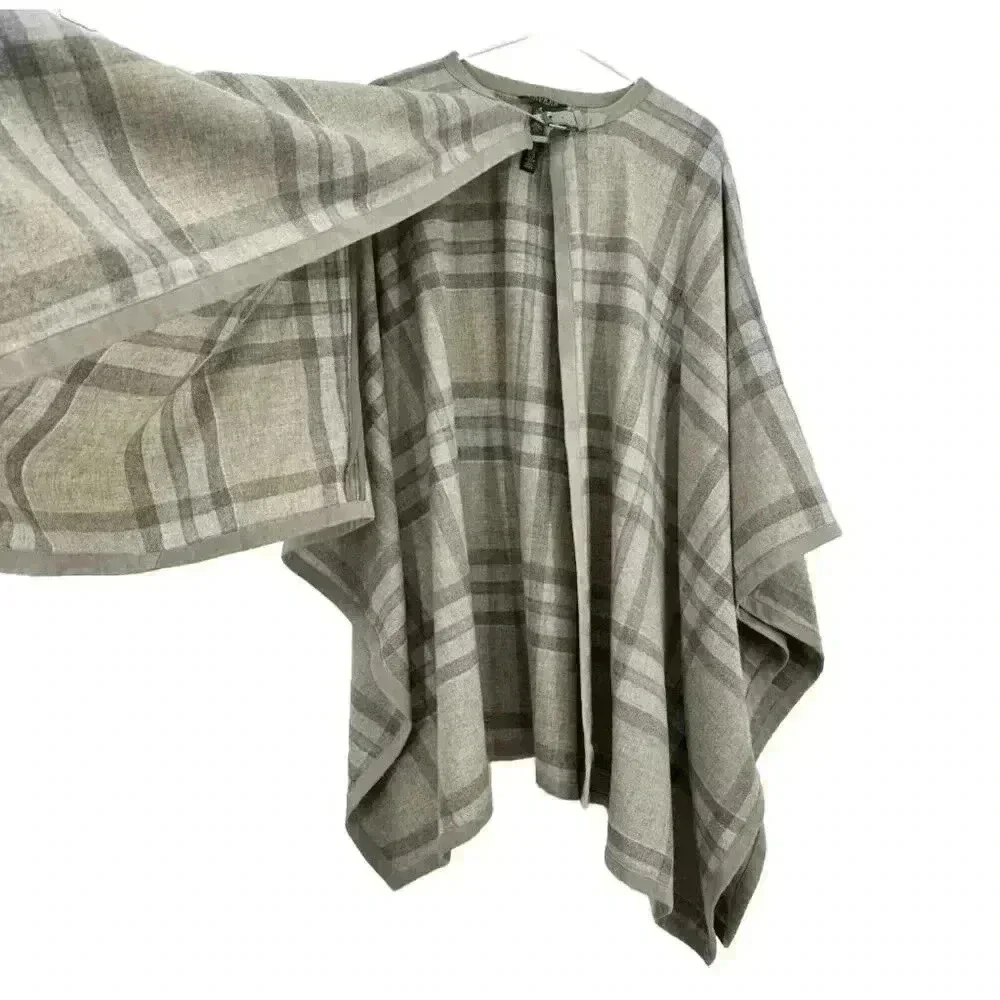 Lauren Ralph Lauren Wool Cashmere Plaid Cape Poncho Suede Trim Gray S/M